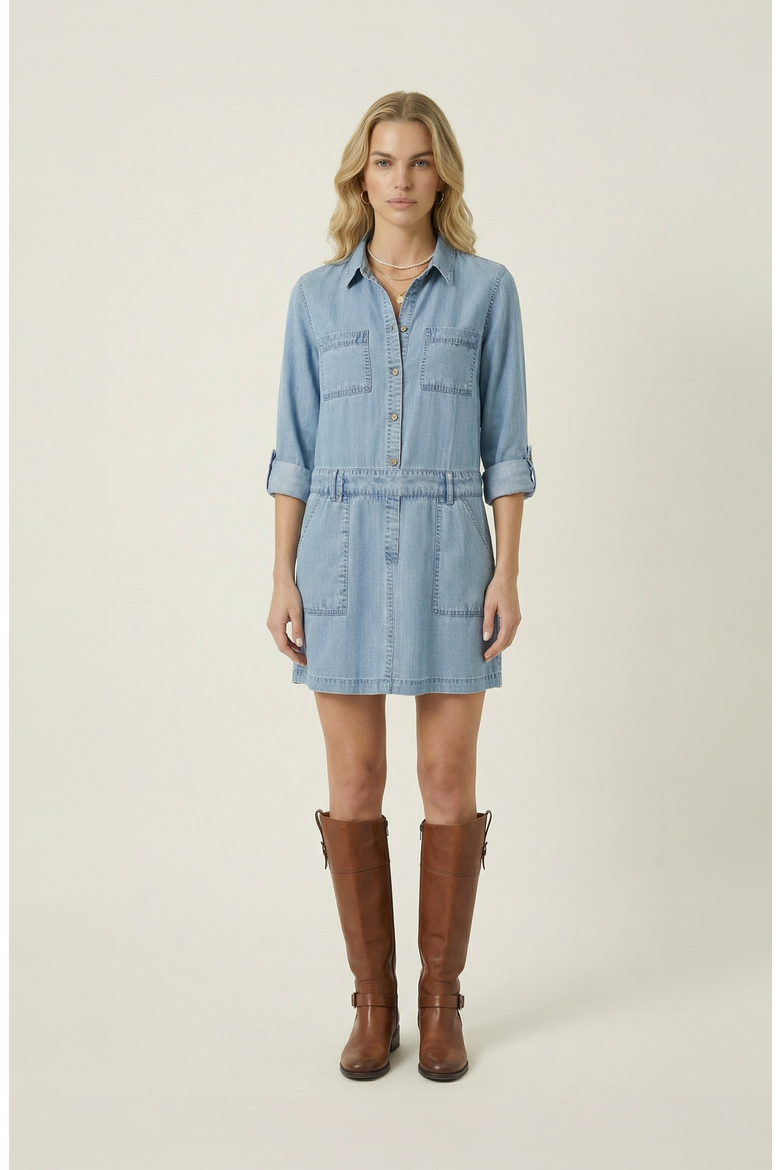 Button-Front Long Sleeve Denim Mini Dress