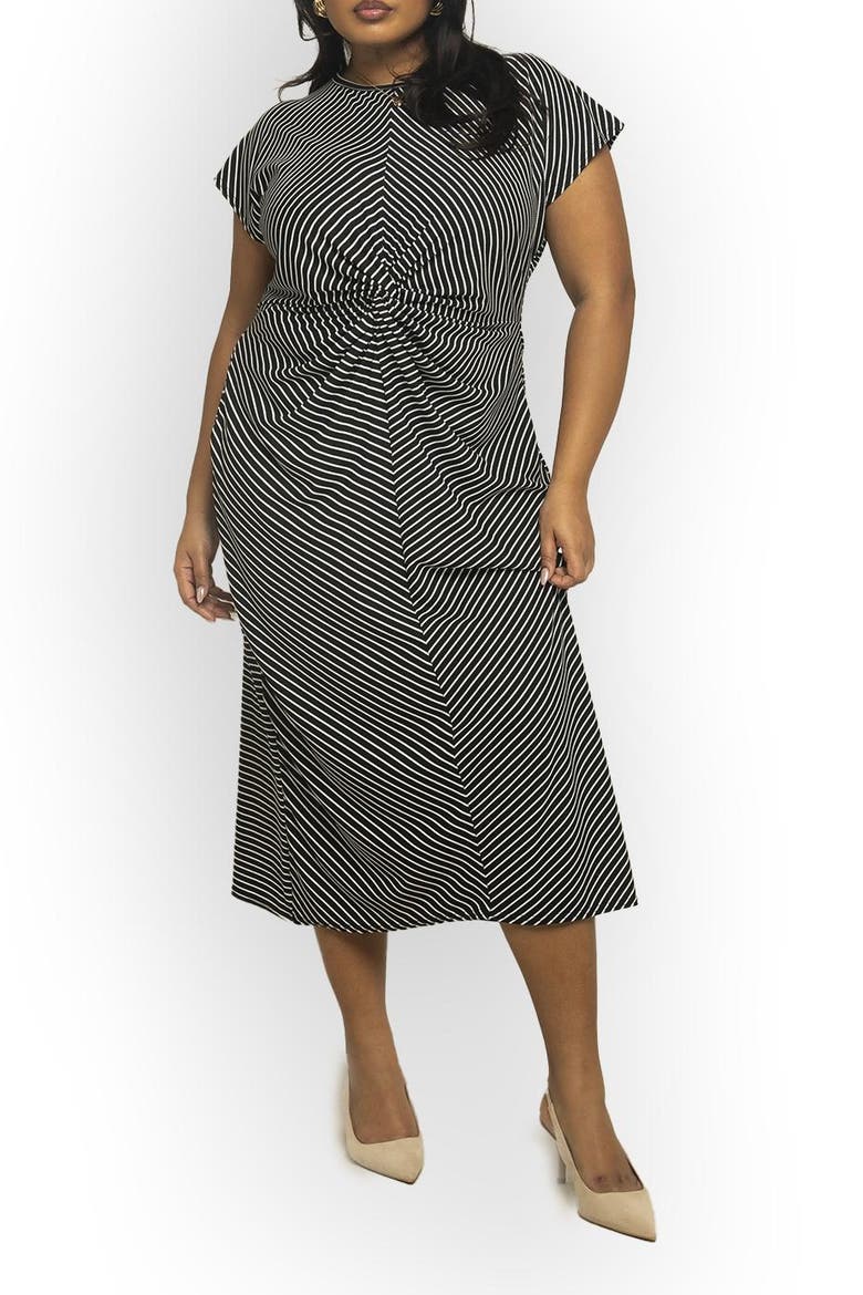 Cinched Striped Print Midi Dress
