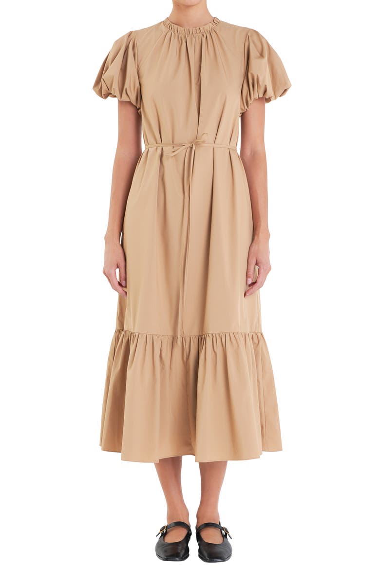 Puff Sleeve Tie Belt Midi Dress