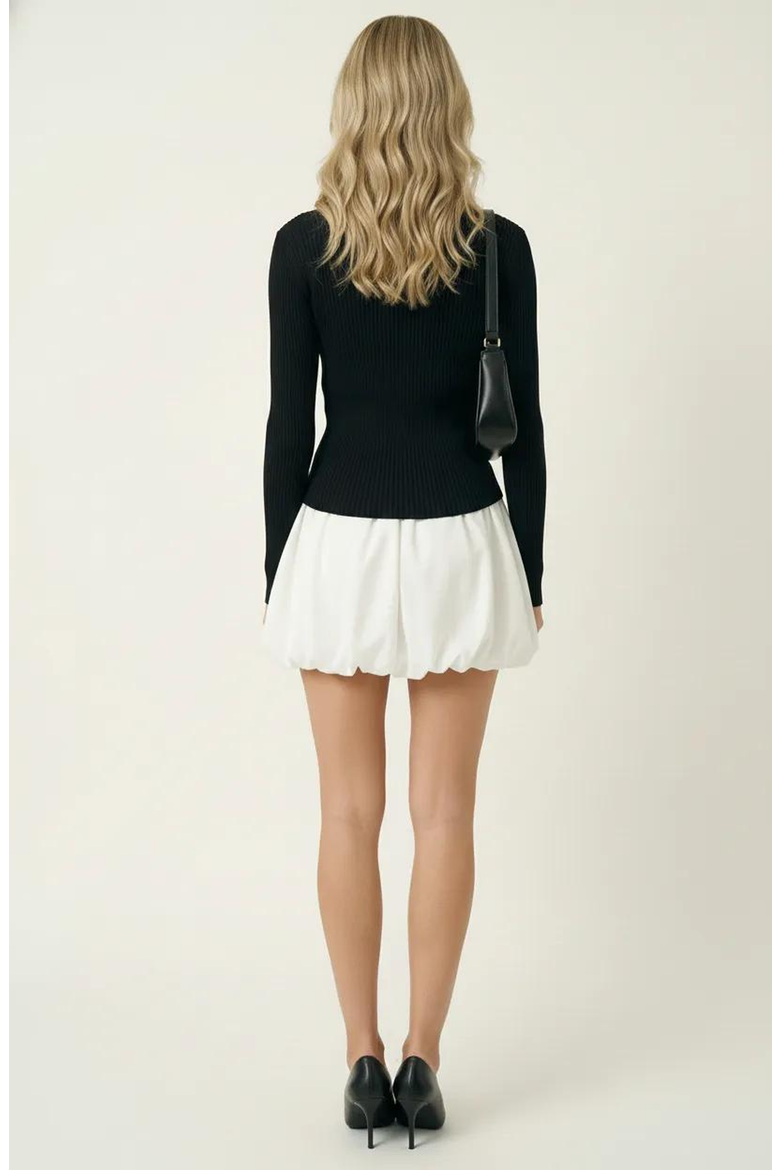 Knit and Woven Fit-and-Flare Mini Dress with Ribbed Long Sleeve Top