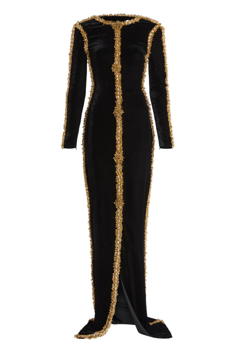 Long Velvet Dress with Embroidered Trim