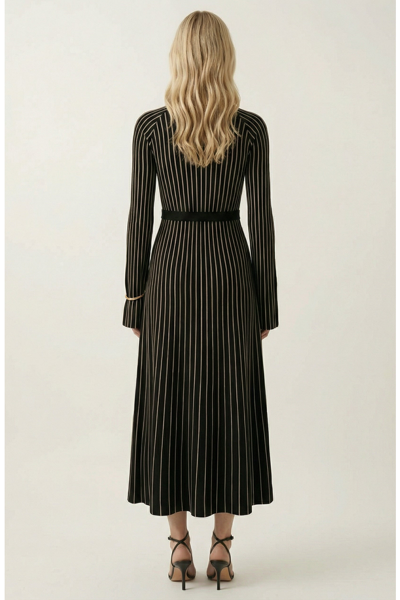 Striped Rib-Knit Long Sleeve Maxi Dress with Mock Neck