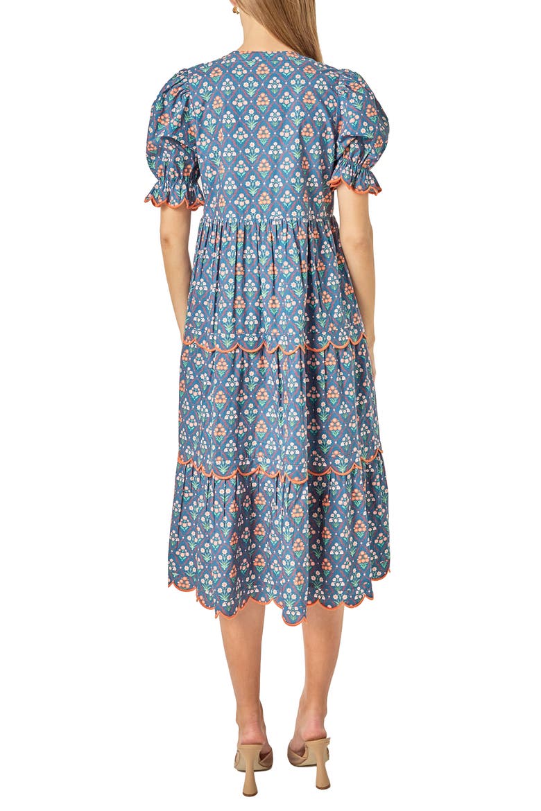 Ditsy Floral Scallop Trim Tiered Midi Dress