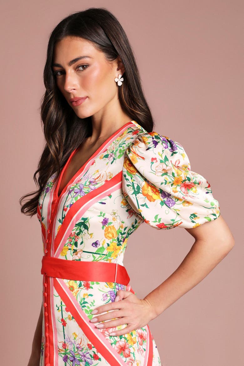 Satin Scarf Print V-Neck Midi Dress
