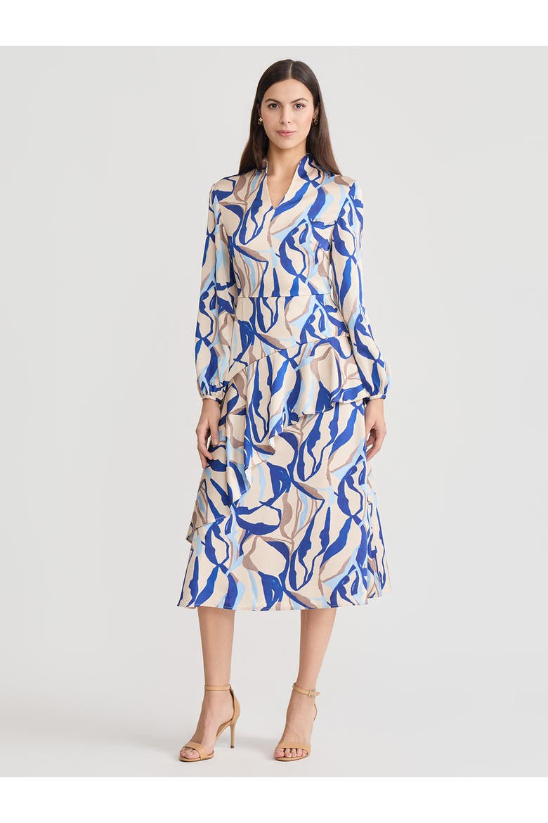 Fit & Flare Printed Crepe de Chine Ruffle Maxi Dress
