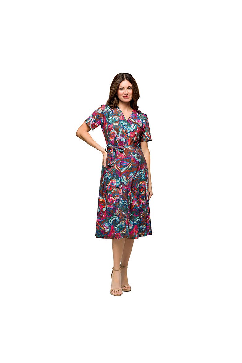 Maternity Brown and Pink Print Short Sleeve Tie Waist Midi Dress