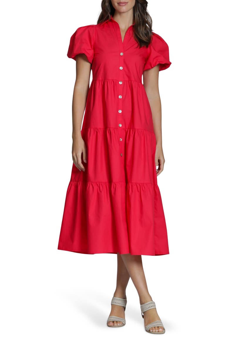Puff Sleeve Tiered Cotton Midi Dress