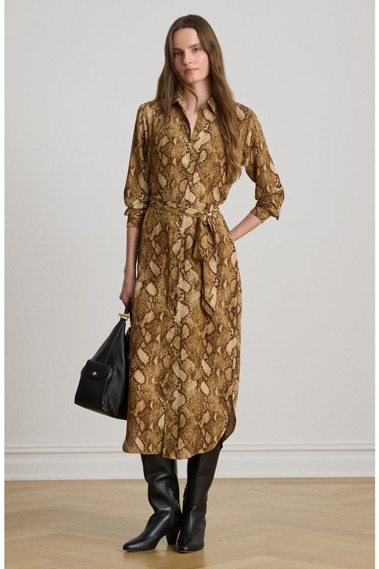 Snake Print Belted Georgette Midi Shirtdress