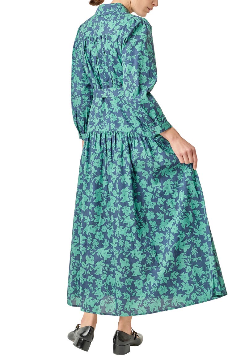 Belted Tiered Print Long Sleeve Cotton Midi Dress