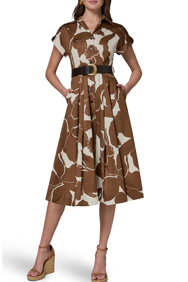 Floral Belted Stretch Cotton Midi Shirtdress