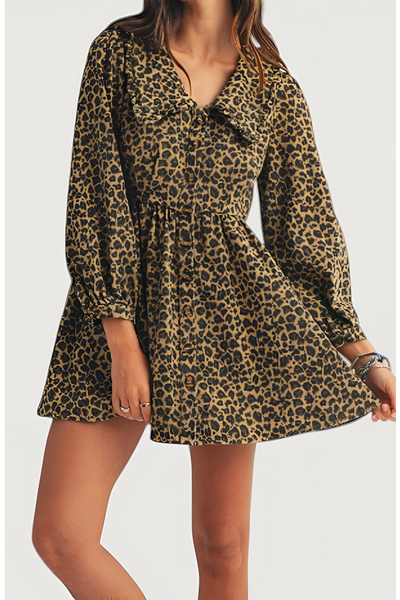 Leopard Print Long Sleeve Mini Dress with Oversized Collar