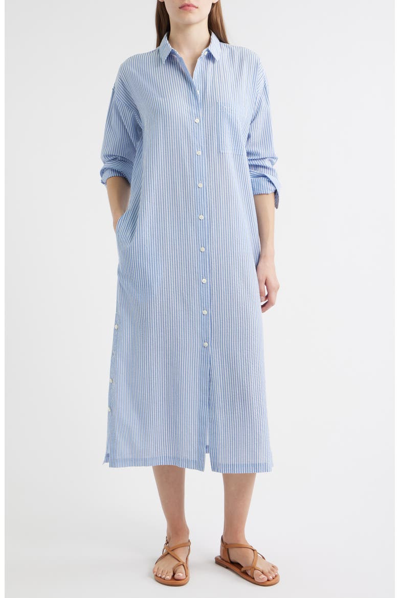 Kerry Stripe Long Sleeve Cotton Seersucker Midi Shirtdress