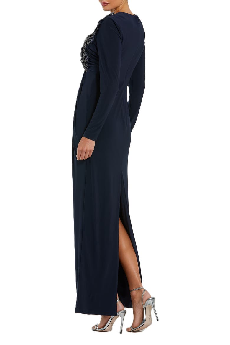 Jersey Long Sleeve Fitted Gown With 3D Flowers