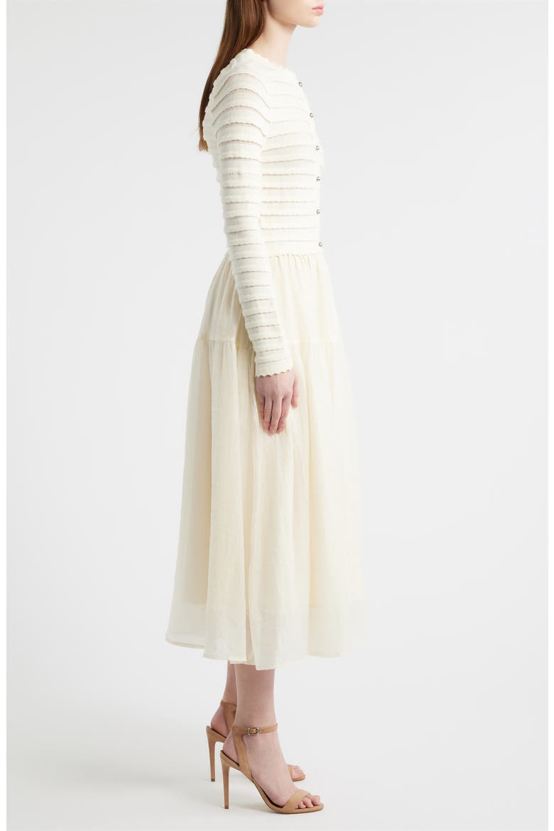Mixed Media Long Sleeve Scallop Stitch Tiered Midi Dress