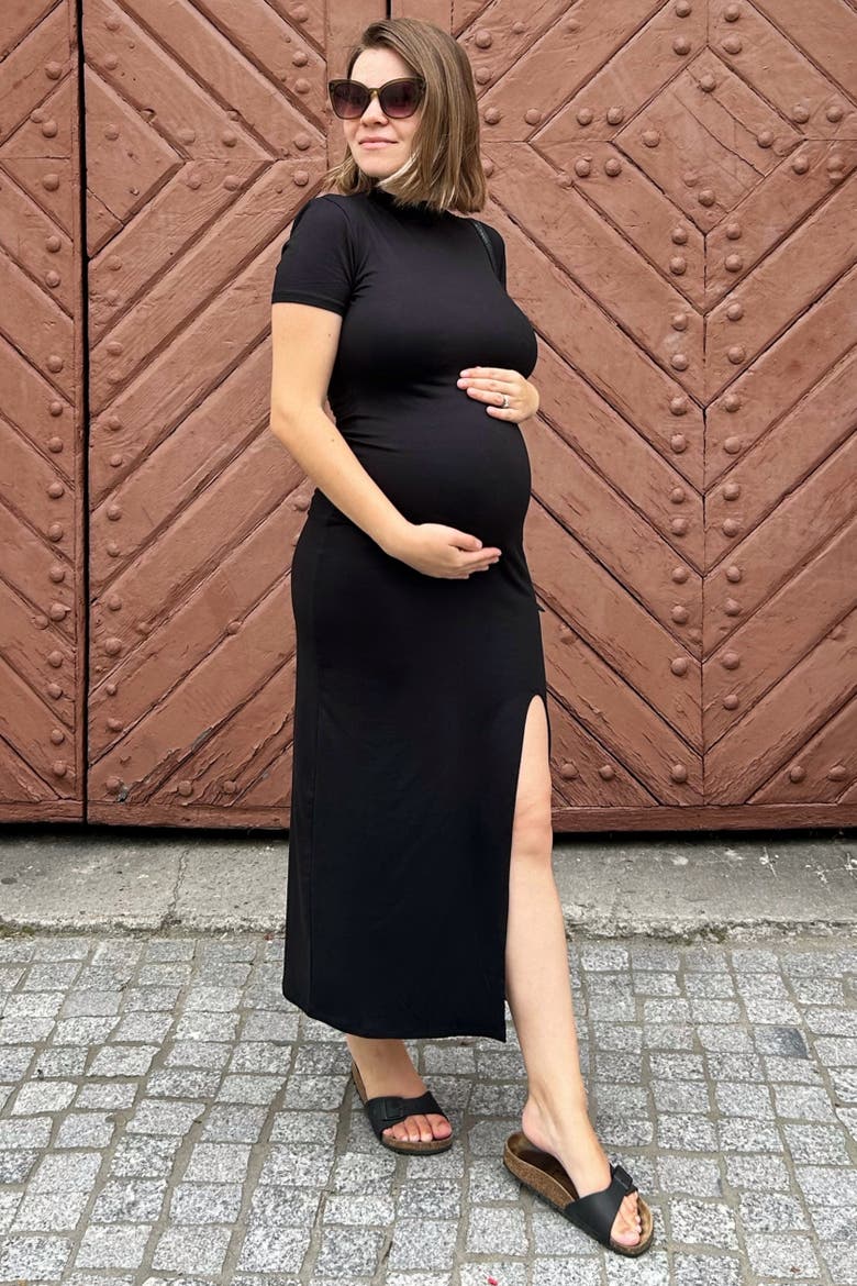 Mock Neck Front Slit Short Sleeve Maxi Dress