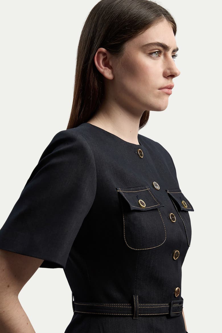 Tailored Denim Belted Midi Dress