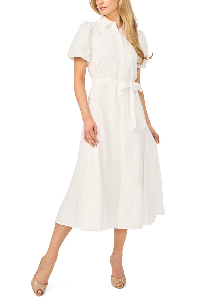 Embroidered Puff Sleeve Cotton Button-Up Shirtdress