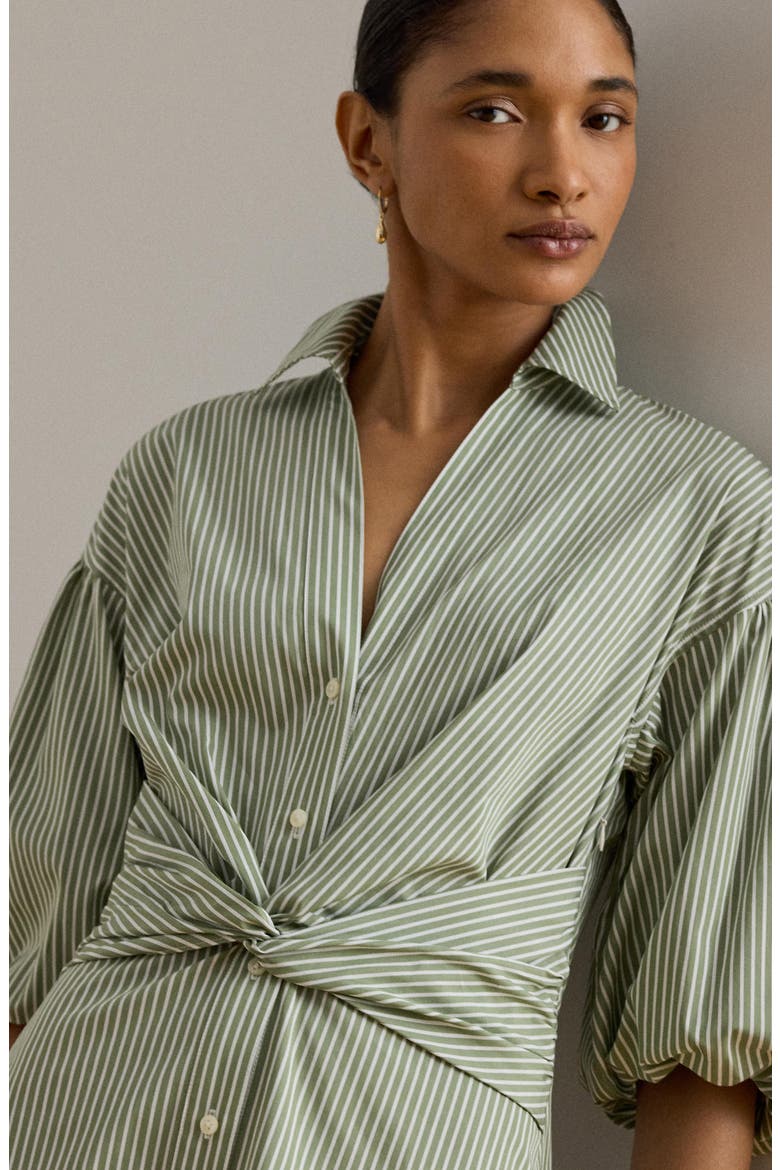 Stripe Bubble Sleeve Cotton Broadcloth Shirtdress