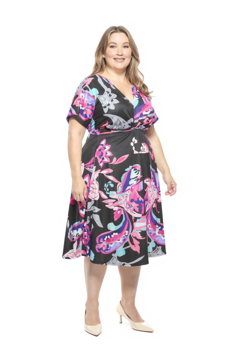Plus Size Paisley V-Neck Dolman Sleeve Twist Front A-Line Midi Dress