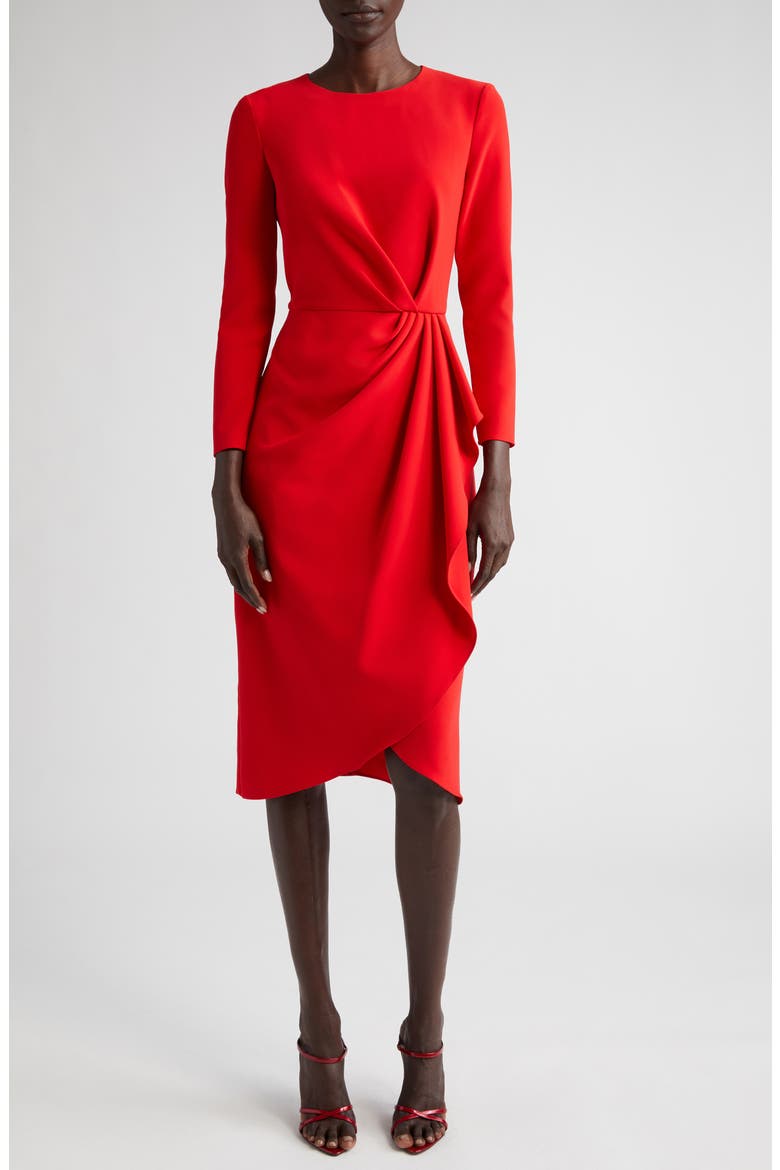 Pleated Long Sleeve Tulip Midi Dress