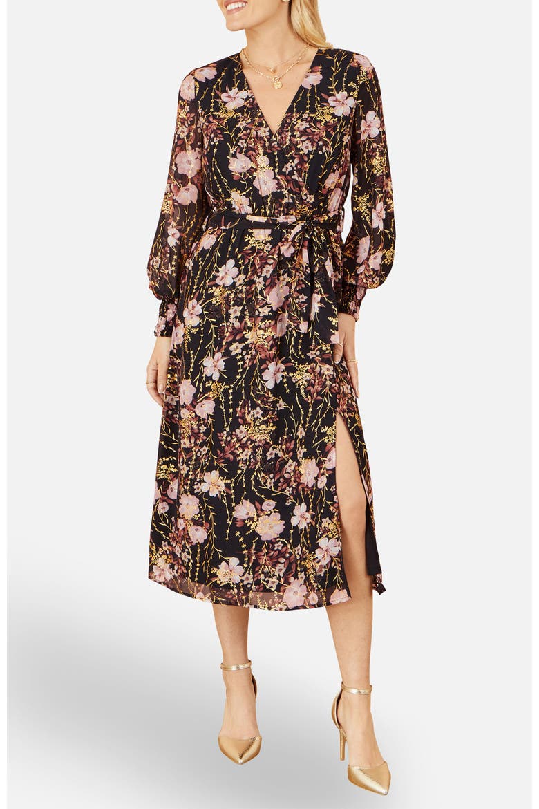 Foiled Floral Print Wrap Midi Dress