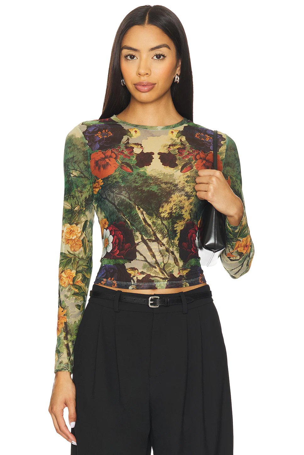 Alice + Olivia Delaina Printed Mesh Long Sleeve Crop Top in Forbidden Forest - Image 1