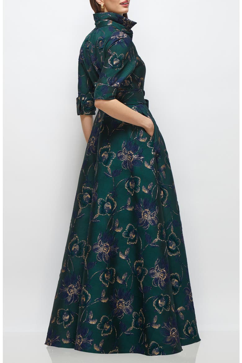 Metallic Floral Jacquard Shirtdress Gown