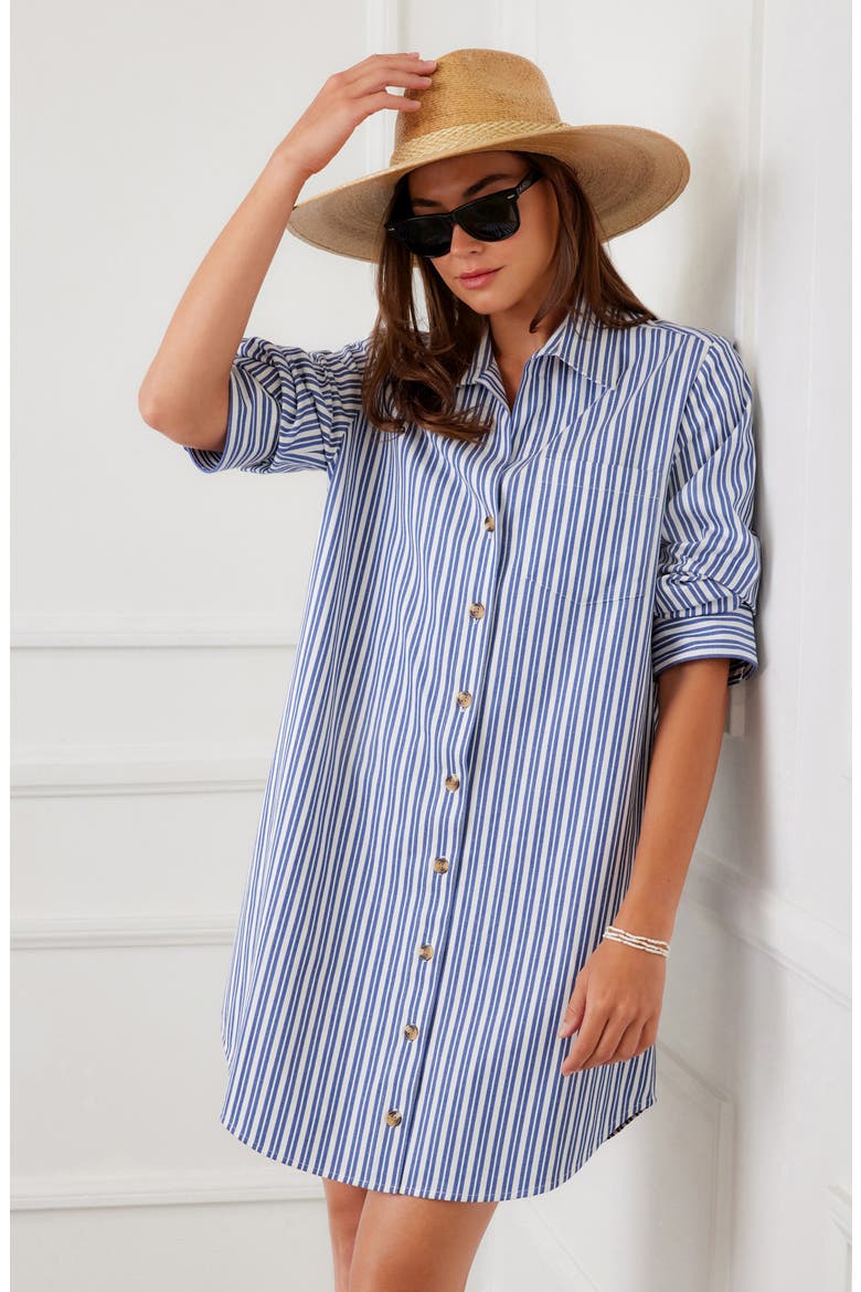 Ruched Sleeve Stripe Shirtdress