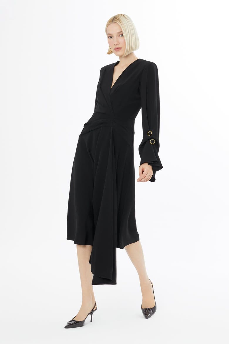 Pleated Front Midi Dress with Concealed Back Zip