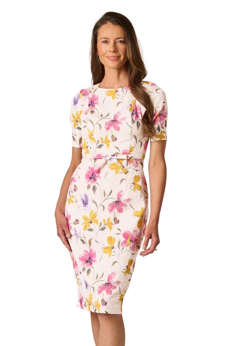 Floral Jacquard Bow Front Sheath Dress