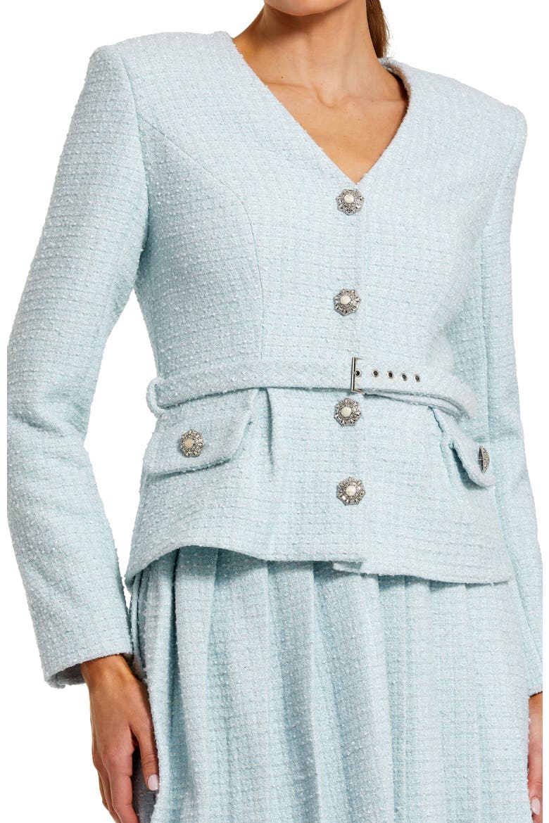 Long Sleeve Bouclé Midi Dress with V-Neck and Decorative Buttons
