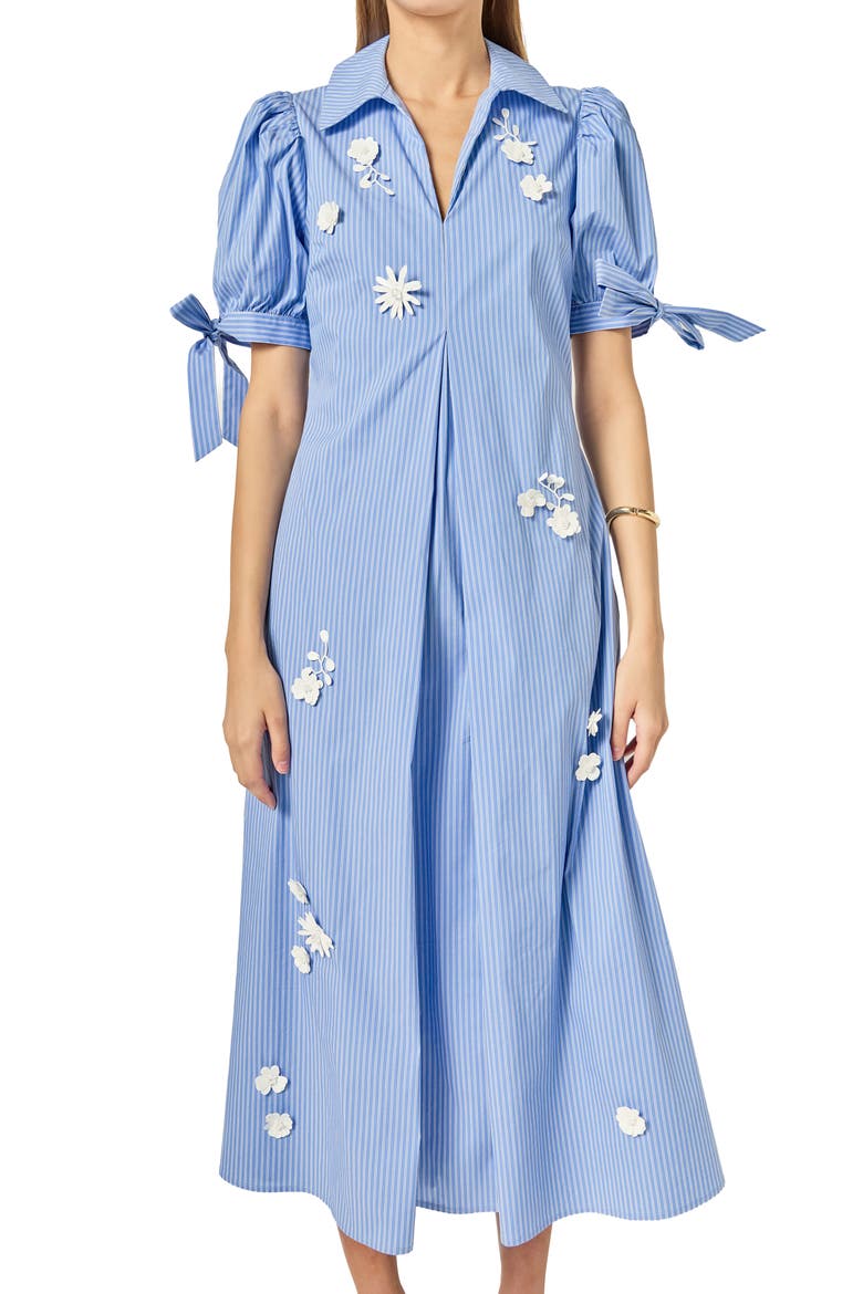 Flower Trim Striped Midi Dress