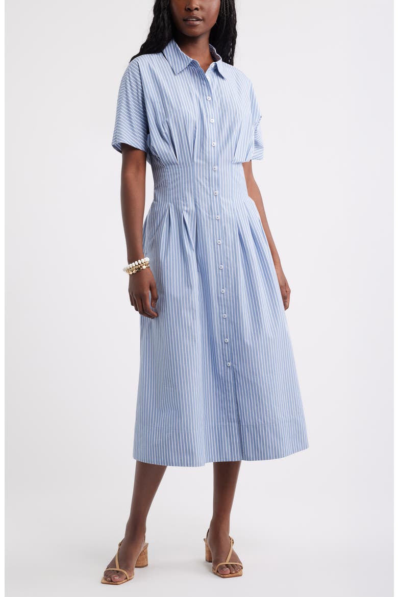 Stripe Pleated Dolman Sleeve Midi Shirtdress