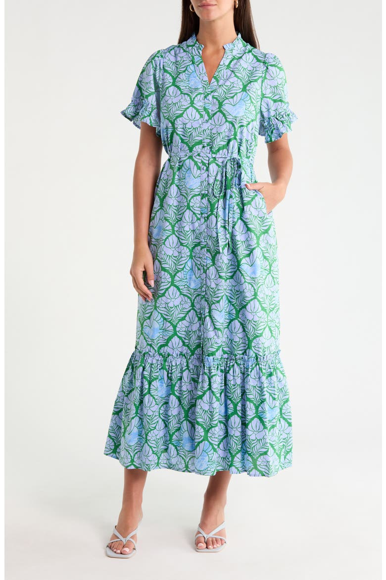 Alna Floral Ruffle Trim Button-Up Midi Dress
