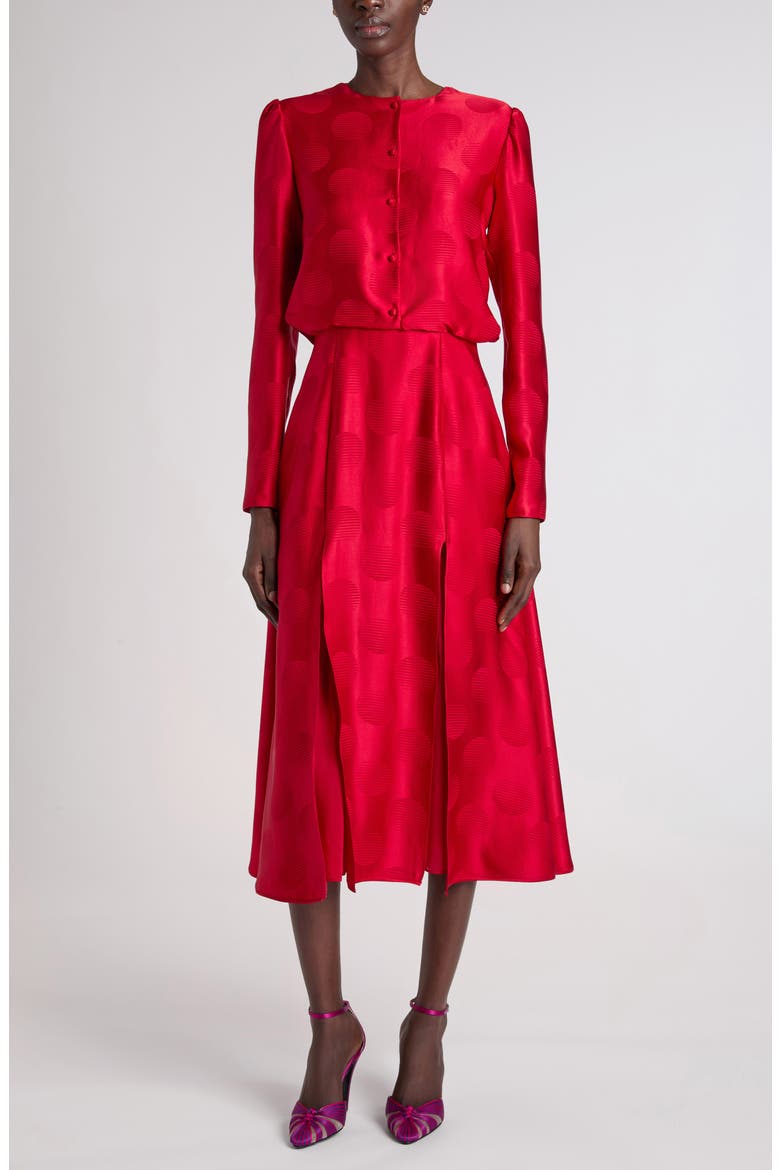 Mossi Polka Dot Jacquard Long Sleeve Silk Midi Dress