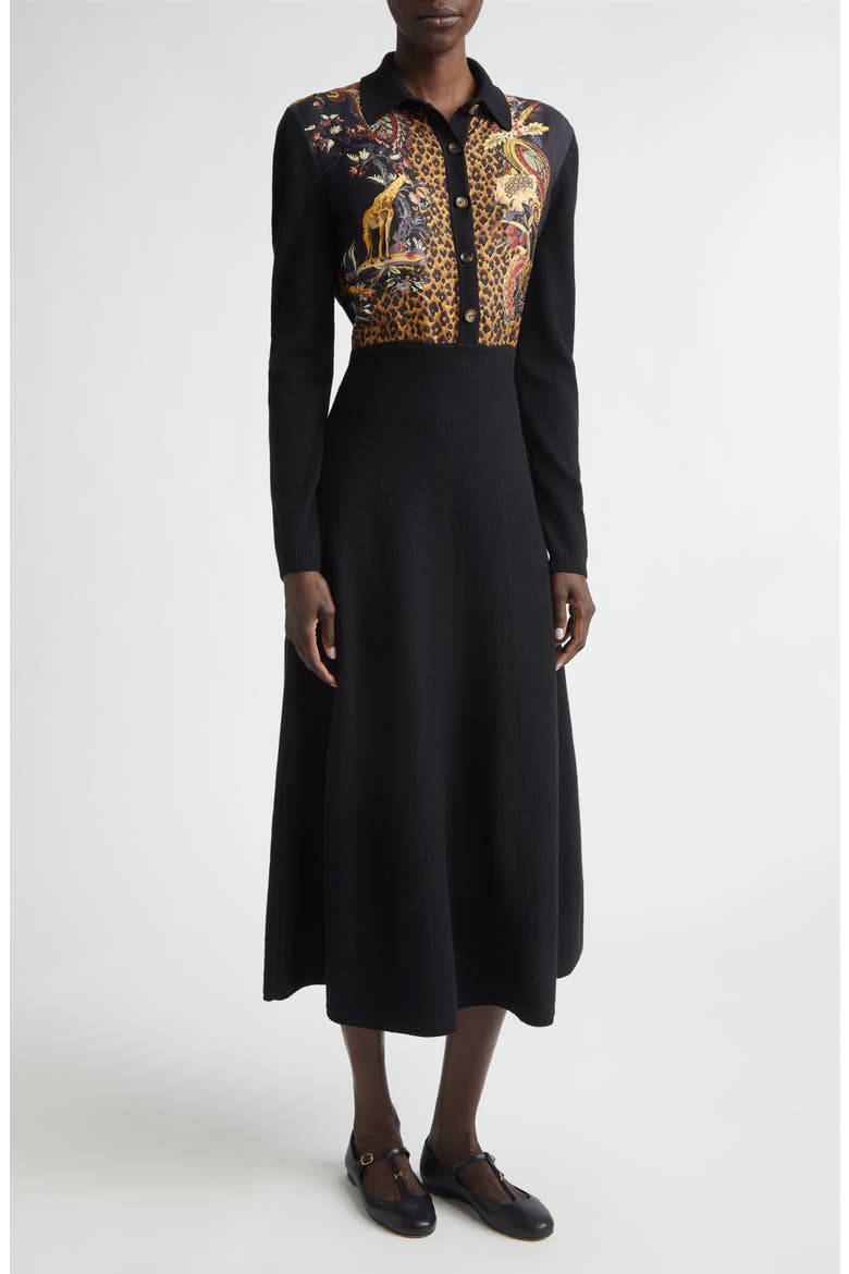 Mixed Media Long Sleeve Wool & Cashmere Midi Sweater Dress