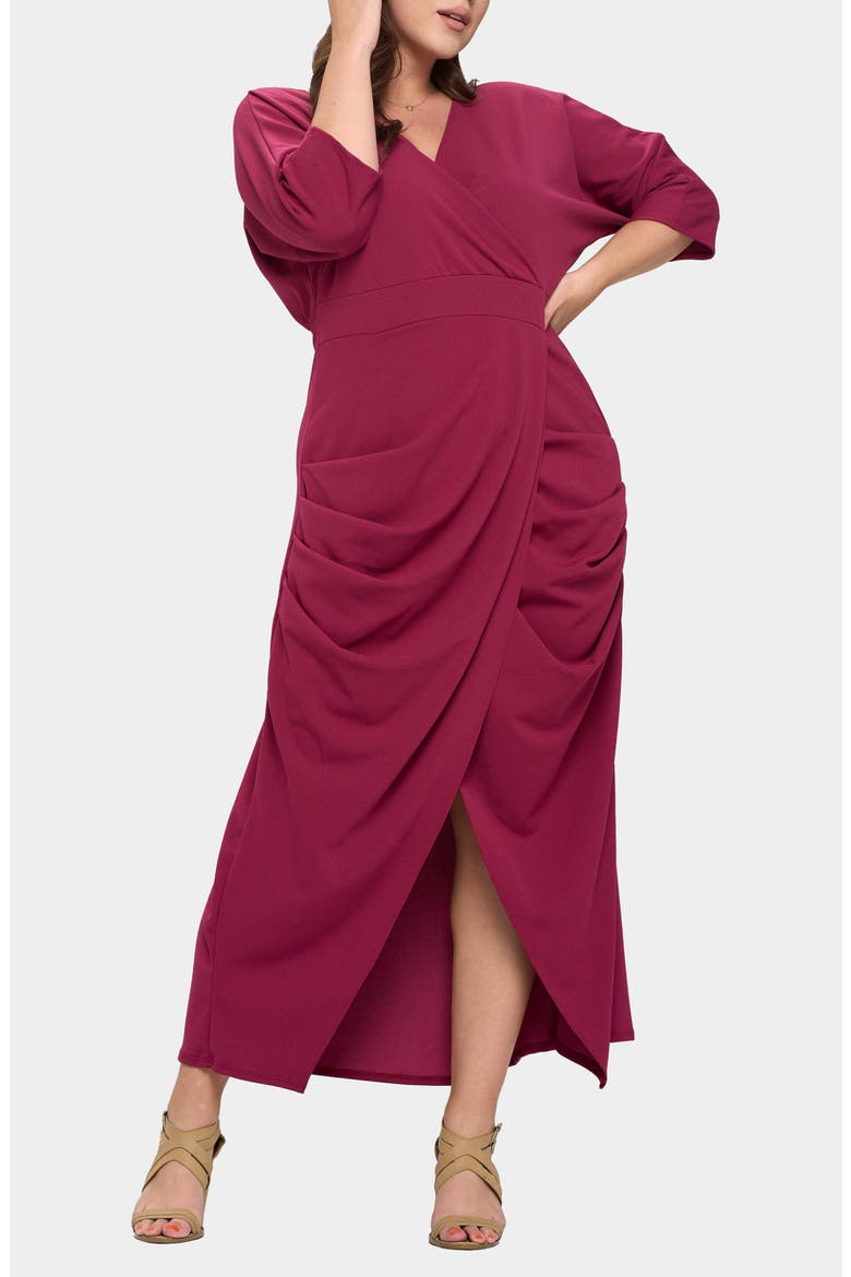 Dolman Elbow Sleeve Stretch Faux Wrap Maxi Dress