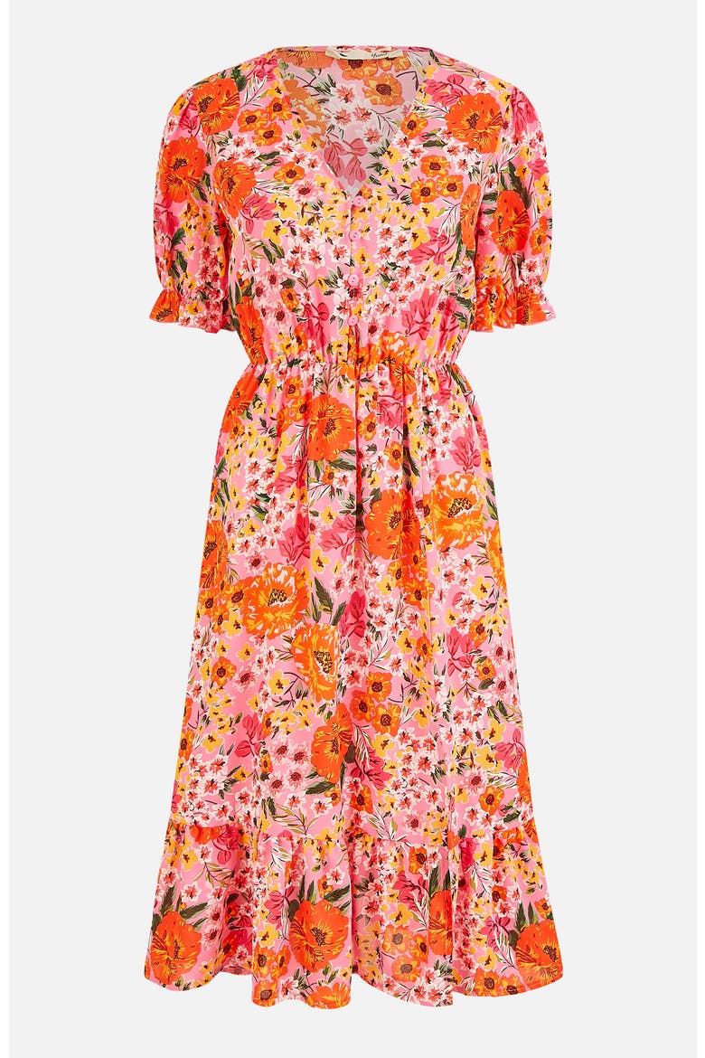 Puff Sleeve V-Neck Printed Midi Dress