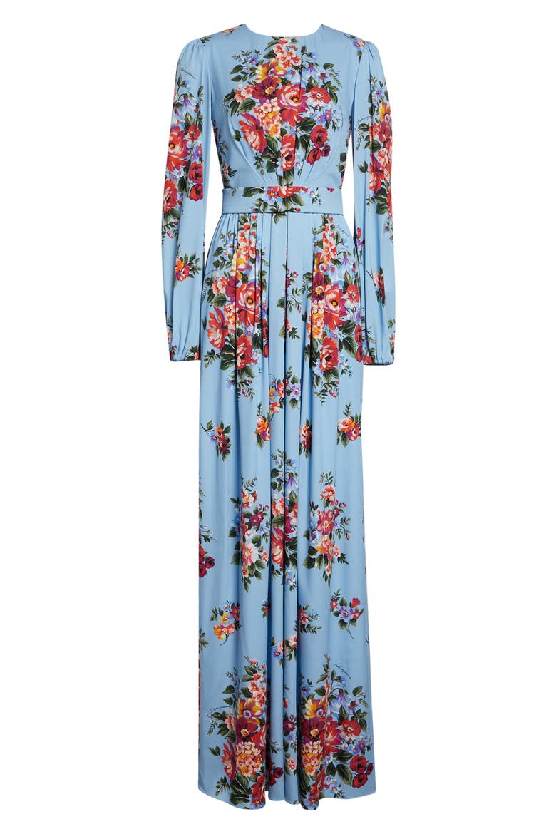 Flower Bouquet Print Long Sleeve Charmeuse Gown
