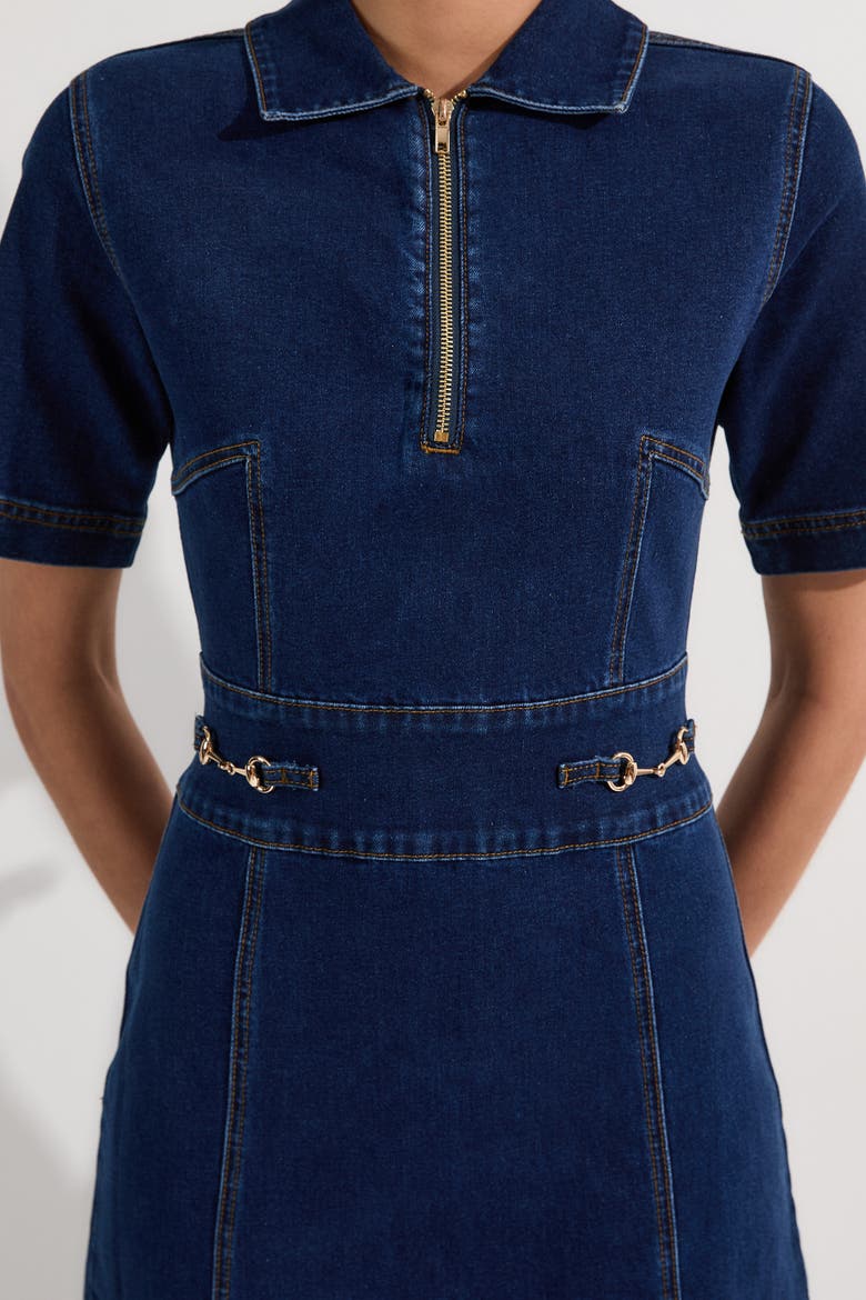 Trim Collared Denim Midi Dress
