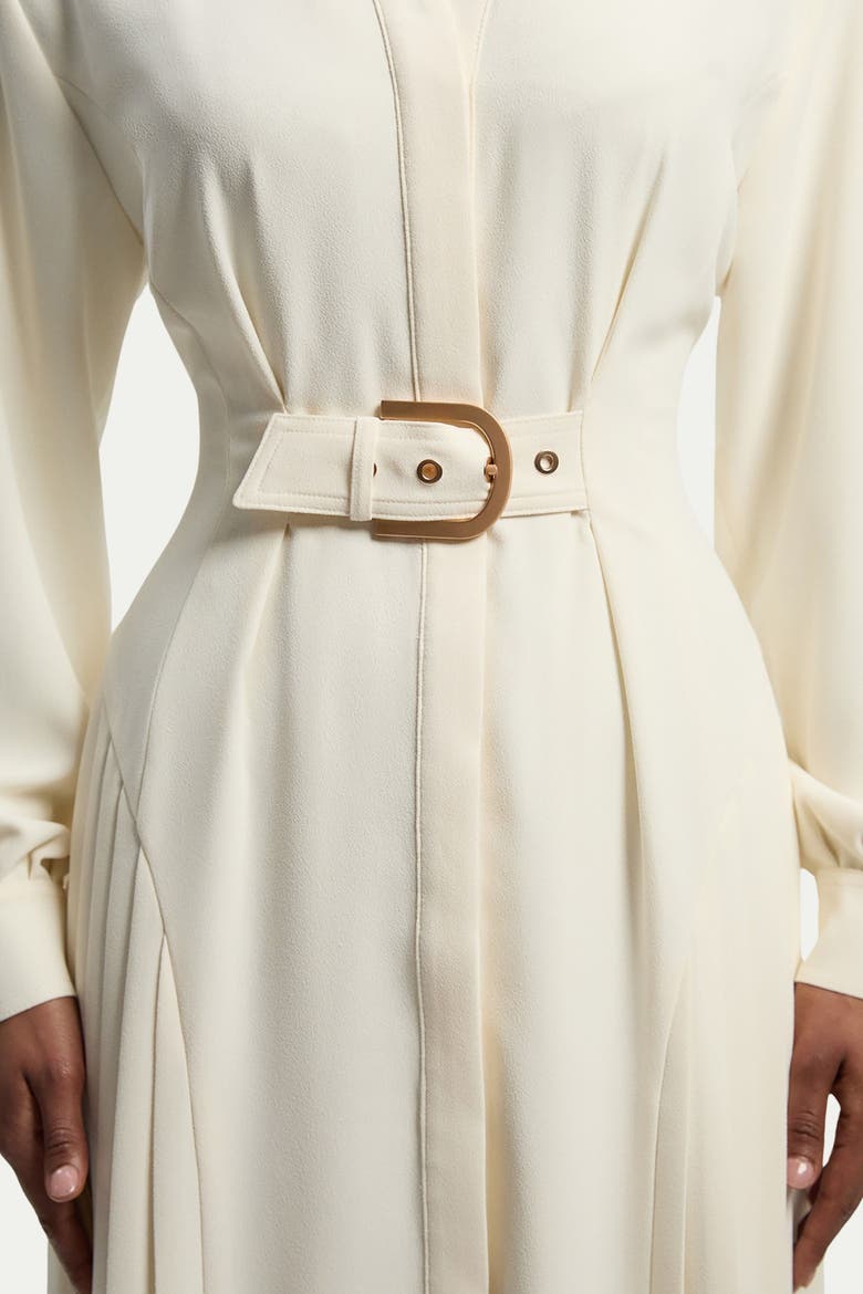 Tailored Crepe Belted Pleated Midi Dress