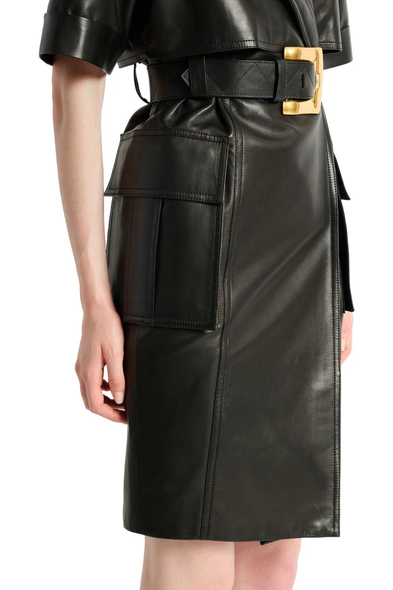 Belted lambskin leather dress