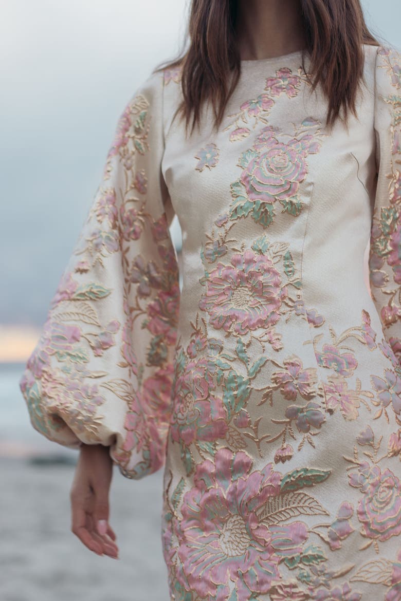 Brocade High Neck Long Bishop Sleeve Mini Dress