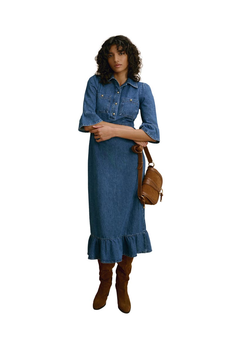 Ruffle Hem Denim Midi Dress