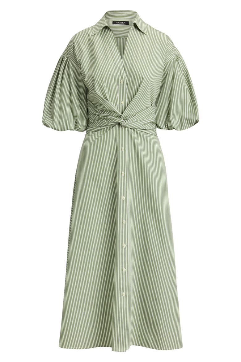Stripe Bubble Sleeve Cotton Broadcloth Shirtdress