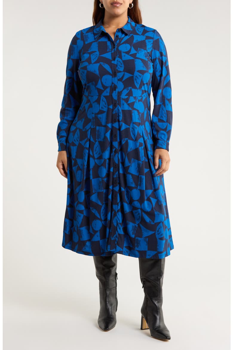 Coastline Print Long Sleeve Organic Cotton Blend Shirtdress