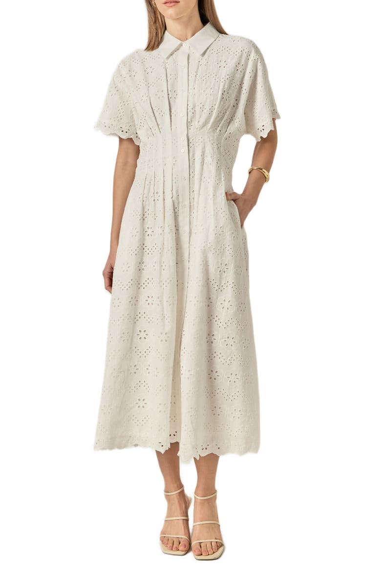 Eyelet Cinched Waist Midi Shirtdress