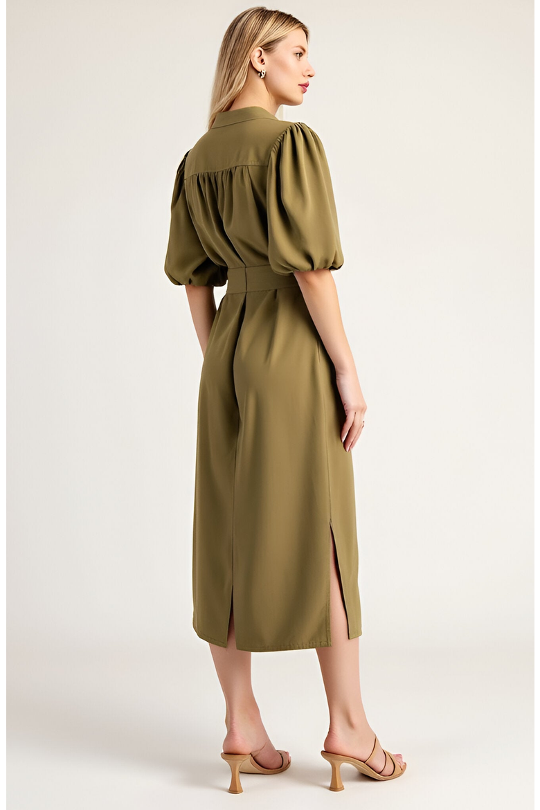 Belted Midi Dress with Puff Elbow Sleeves and Keyhole Neckline