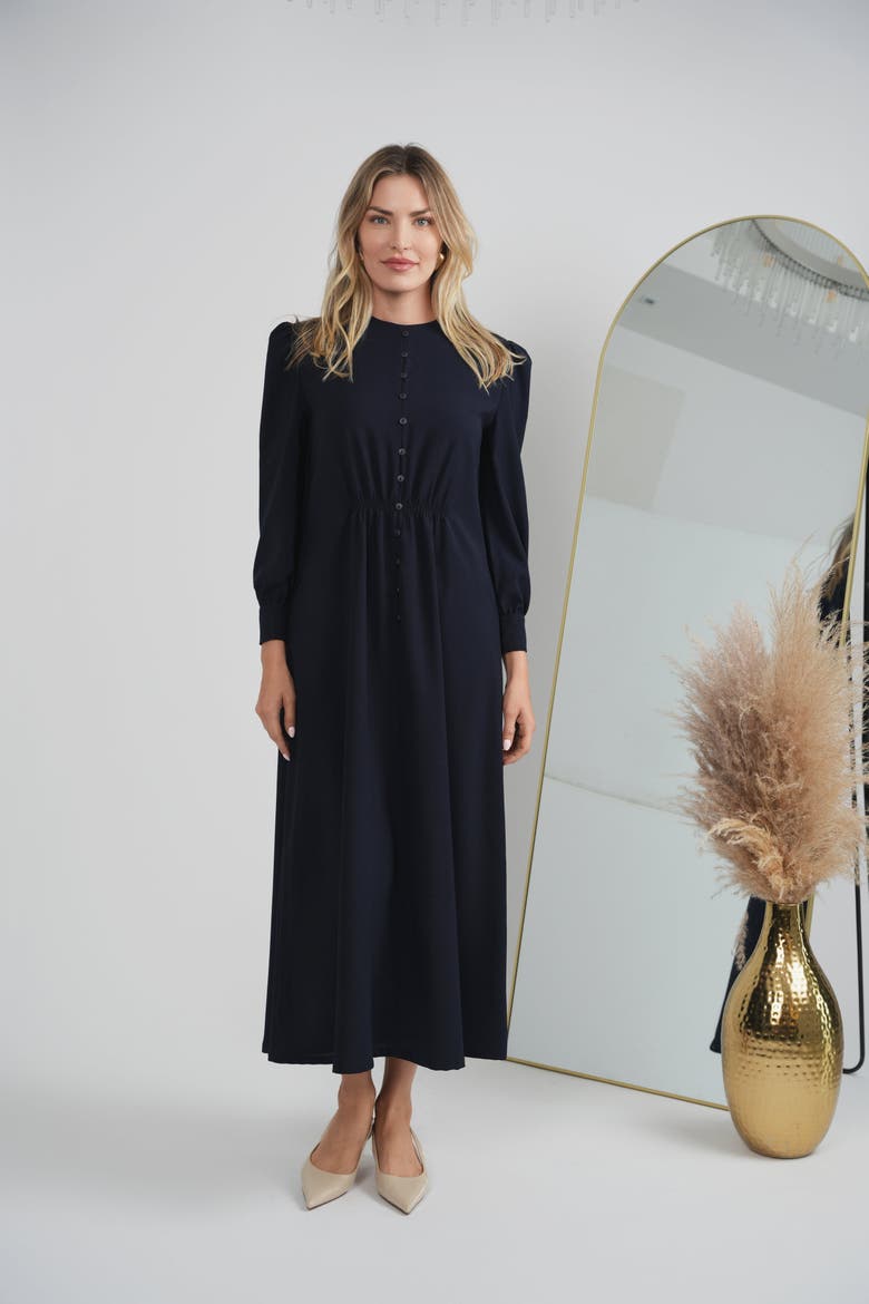 Linen Look Smocked Waist Faux Button Midi Dress