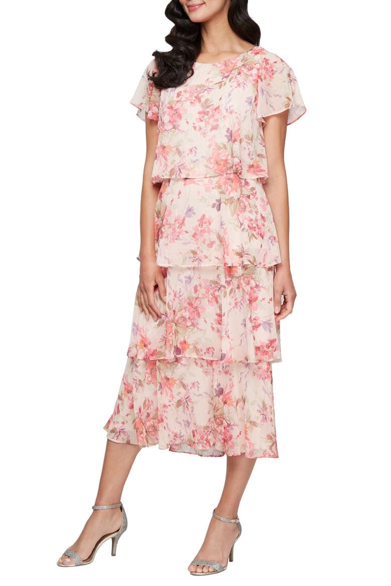 Tiered Floral Cocktail Midi Dress